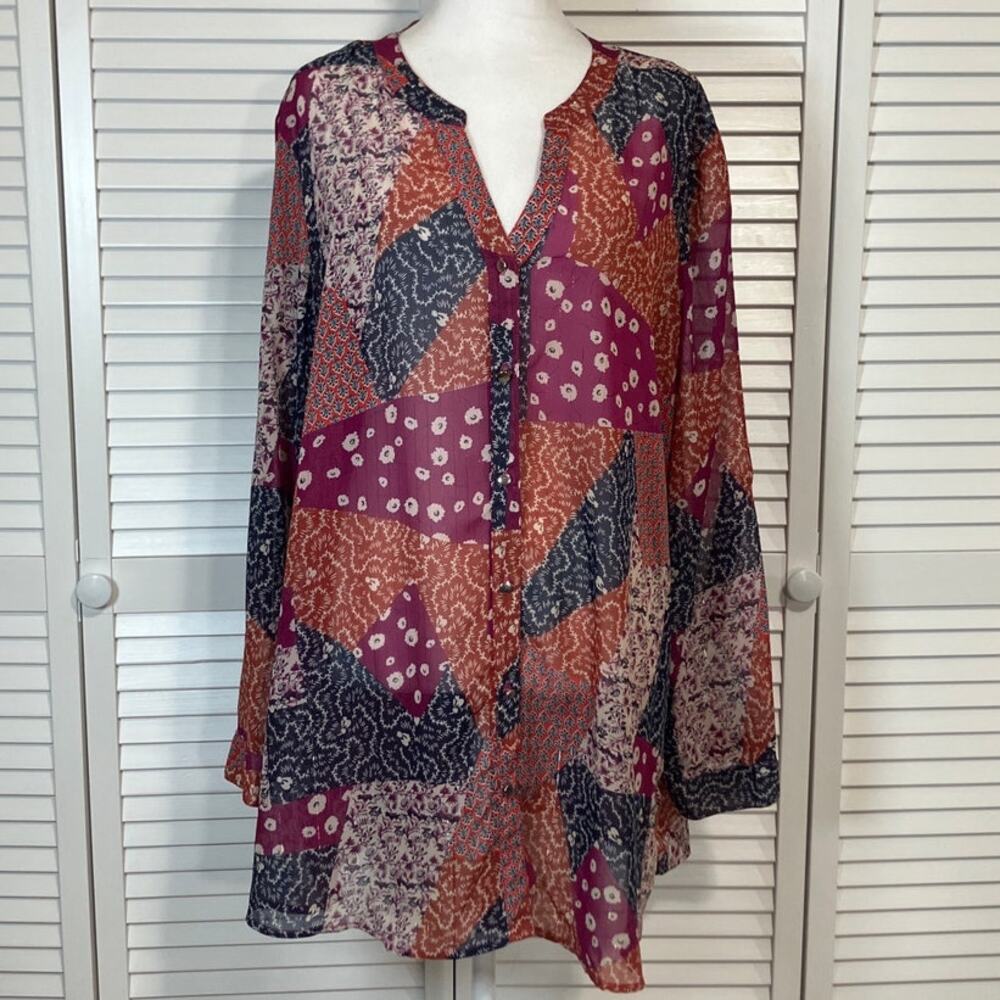 Tantrums Vintage Boho-Chic Sheer Patchwork Flowy Tunic Blouse Women XXL